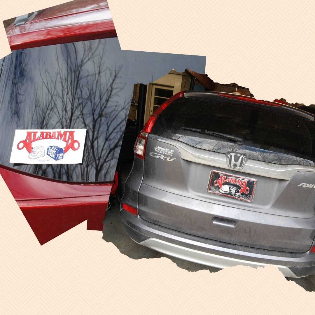 graphic photo of ford with bumper sticker honda crv with license plate from 40 Hour Week Tour